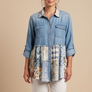 JOHN MARK Patchwork Denim Tunic Shirt Snap Buttons Size L Roll Tab Sleeves Boho